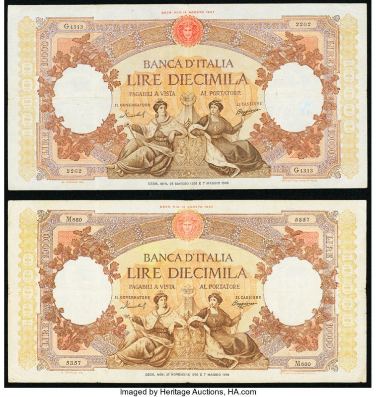 Italy Banco d'Italia 10,000 Lire 21.11.1955; 26.5.1958 Pick 89c Two Examples Fin...