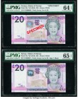 Jersey States of Jersey 20 Pounds ND (2010) Pick 35s Specimen; 35a Two Examples PMG Choice Uncirculated 64 EPQ; Gem Uncirculated 65 EPQ. Red Specimen ...