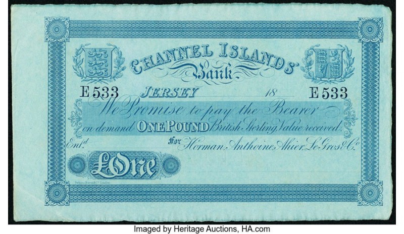 Jersey Channel Islands Bank 1 Pound ND (ca. 1840) Pick UNL Remainder About Uncir...