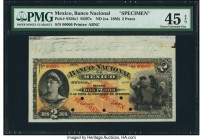 Mexico Banco Nacional 2 Pesos ND (ca. 1880) Pick S256s1 M297s Specimen PMG Choice Extremely Fine 45 EPQ. Five POCs; selvage included; printer's annota...