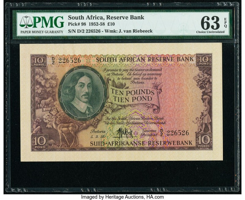 South Africa South African Reserve Bank 10 Pounds 5.3.1953 Pick 98 PMG Choice Un...