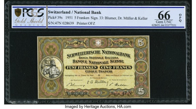 Switzerland Schweizerische Nationalbank 5 Franken 22.2.1951 Pick 39s PCGS Gold S...