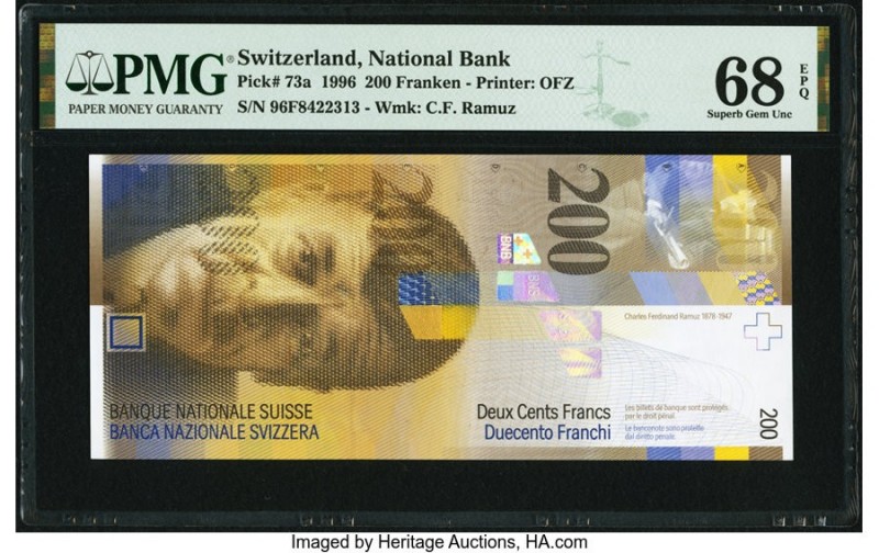 Switzerland National Bank 200 Franken 1996 Pick 73a PMG Superb Gem Unc 68 EPQ. T...