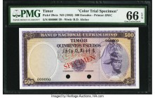 Timor Banco Nacional Ultramarino 500 Escudos ND (1963) Pick 29cts Color Trial Specimen PMG Gem Uncirculated 66 EPQ. Punch hole cancelled with 2 punch ...