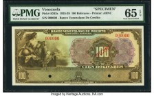 Venezuela Banco Venezolano de Credito 100 Bolivares ND (1925-28) Pick S243s Specimen PMG Gem Uncirculated 65 EPQ. Two POCs; red Specimen overprint.

H...