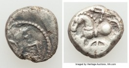 GAUL. Central. Aedui (or Lingones). 80-50 BC. AR unit (12mm, 1.84 gm, 9h). VF. Kaletedou series. Helmeted head of Roma left; dotted border / Horse pra...