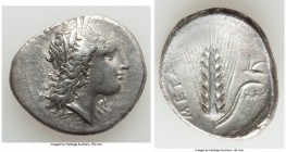 LUCANIA. Metapontum. Ca. 330-280 BC. AR stater (24mm, 7.69 gm, 11h). Choice VF. Head of Demeter right, crowned with grain; ΔAI before / META, grain ea...