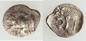 MYSIA. Cyzicus. Ca. 5th century BC. AR hemiobol (9mm, 0.42 gm, 12h). XF. Forepart of boar left, tunny upward behind / Head of lion left; star in upper...