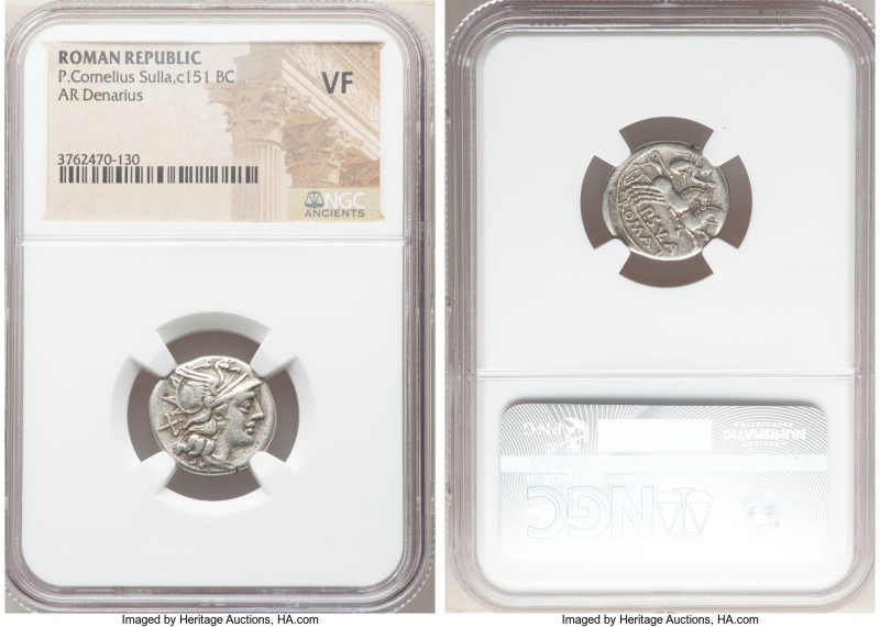 P. Cornelius Sulla (ca. 151 BC). AR denarius (18mm, 8h). NGC VF. Rome. Head of R...