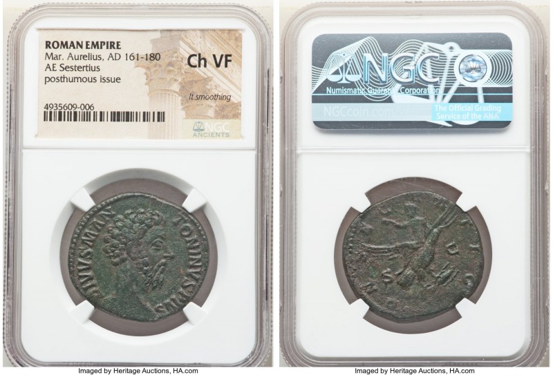 Divus Marcus Aurelius (AD 161-180). AE sestertius (31mm, 12h). NGC Choice VF, li...