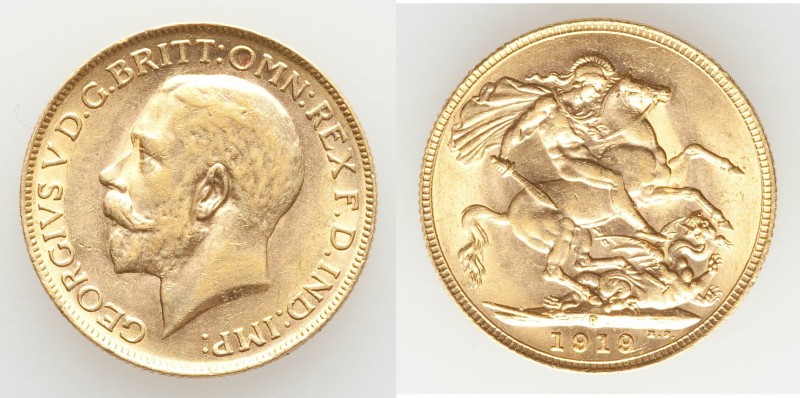 George V gold Sovereign 1919-P AU, Perth mint, KM29. 21.8mm. 7.98gm. AGW 0.2355 ...