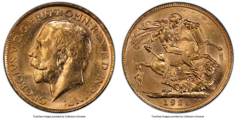 George V gold Sovereign 1923-P MS62 PCGS, Perth mint, KM29, S-4001. AGW 0.2355 o...