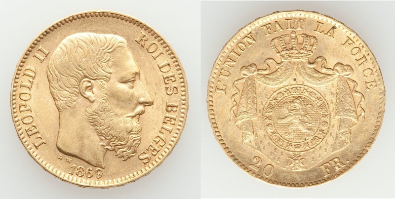 Leopold II gold 20 Francs 1869 XF, KM32. Position A. 21.3mm. 6.44gm. AGW 0.1867 ...