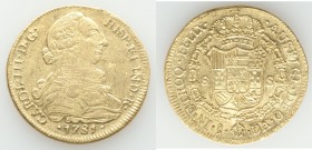 Charles III gold 8 Escudos 1781/79 So-DA AU, Santiago mint, KM27. 37.6mm. 27.02gm. Recessed areas of reflectivity, well struck. AGW 0.7841 oz. 

HID...
