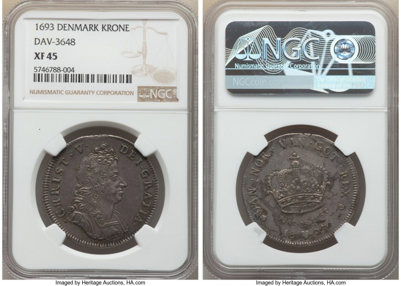 Christian V Krone 1693 XF45 NGC, Copenhagen mint, KM428.1, Dav-3648. Bold portra...