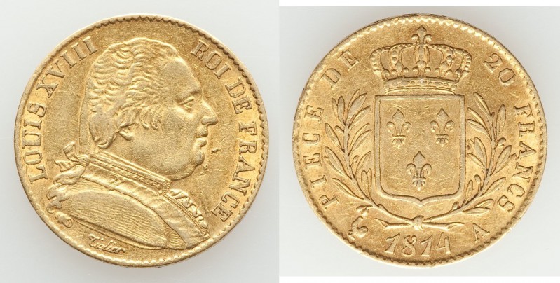 Louis XVIII gold 20 Francs 1814-A XF, Paris mint, KM706.1. 21.0mm. 6.42gm. AGW 0...