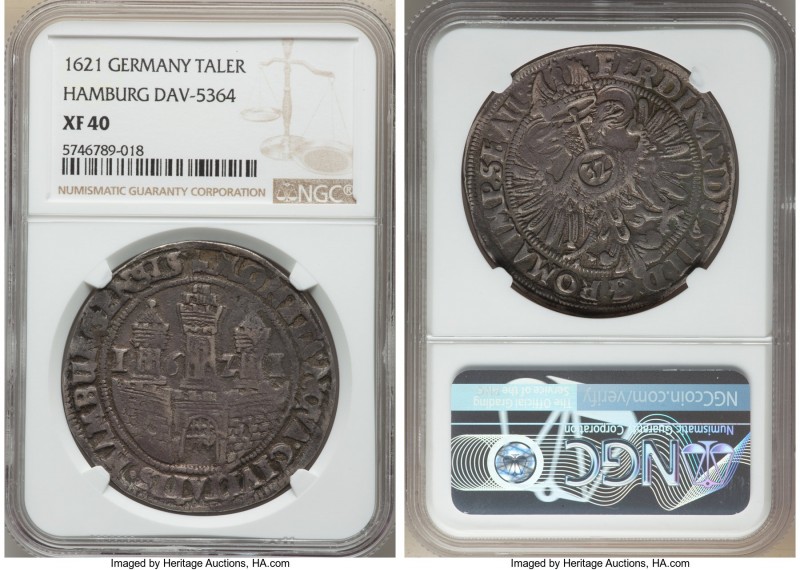 Hamburg. Free City Taler (32 Schilling) 1621 XF40 NGC, KM100, Dav-5364. Title of...