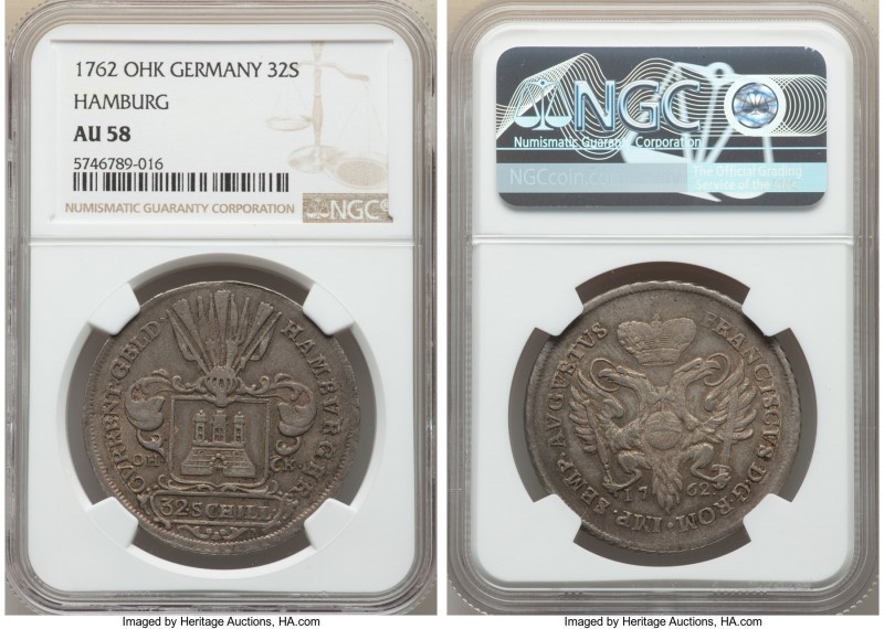 Hamburg. Free City 32 Schilling 1762-OHK AU58 NGC, KM435. With title of Franz I....