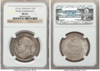 Hesse-Darmstadt. Ernst Ludwig 3 Mark 1910-A MS65 NGC, Berlin mint, KM375. One year type. Lustrous surfaces covered in a tapestry of shades, quite attr...
