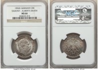 Saxony. Georg 2 Mark 1902-E MS66 NGC, Muldenhutten mint, KM1255. Lavender gray toning with teal and gold accents. Death of Albert commemorative. 

H...