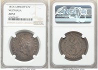 Westphalia. Jerome Napoleon 2/3 Taler 1812-C AU53 NGC, Clausthal mint, KM117. Three year type with deep anthracite-gray toning. Dealer tag included.
...
