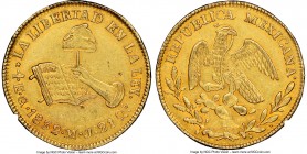 Republic gold 4 Escudos 1832 Go-MJ AU Details (Test Cut) NGC, Guanajuato mint, KM381.4, Fr-83. Rose-gold toning, reflectivity in recess of legends. 
...