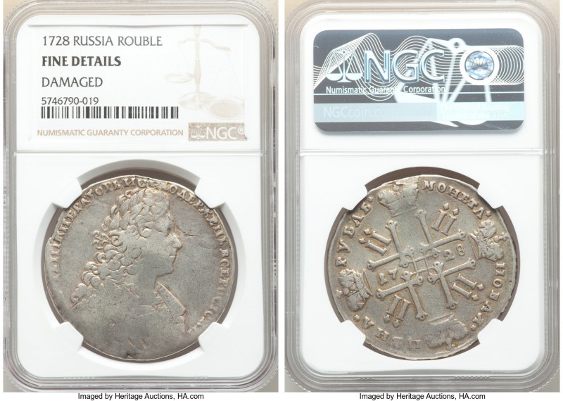 Peter II Rouble 1728 Fine Details (Damaged) NGC, Kadashevsky mint, KM182.2, Dav-...