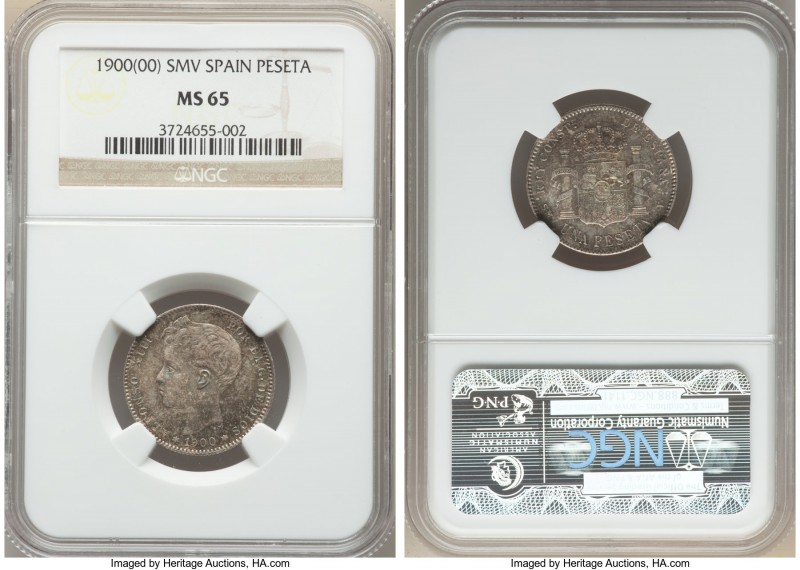 Alfonso XIII Peseta 1900(00) SM-V MS65 NGC, Madrid mint, KM706. Attractive multi...