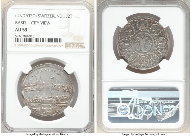 Basel. City "City View" 1/2 Taler ND (1700) AU53 NGC, KM123, DT-753. Reflective ...