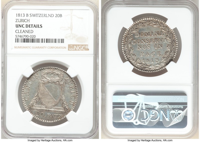 Zurich. Canton 20 Batzen 1813-B UNC Details (Cleaned) NGC, Bern mint, KM186. Dea...