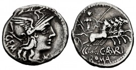 Aburia. Denario. 134 a.C. Roma. (Ffc-89). (Craw-244-1). (Cal-61). Rev.: Marte con arco, lanza y escudo en cuadriga a derecha, debajo C ABVRI y en exer...