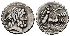 Antonia. Denario. 83-82 a.C. Roma. (Ffc-156). (Craw-364-1d). (Cal-139). Rev.: Victoria en cuadriga a derecha, con palma y corona de laurel, debajo O y...