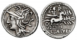 Appuleia. Denario. 104 a.C. Roma. (Ffc-162). (Craw-317-3a). (Cal-226). Rev.: Saturno con espada en cuadriga a derecha, encima letra R, debajo L SATVRN...