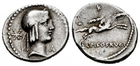 Calpurnia. Denario. 90-89 d.C. Roma. (Ffc-311). (Cal-311 n). Anv.: Cabeza laureada de Apolo a derecha, detrás asterisco y bajo el mentón letra A. Rev....