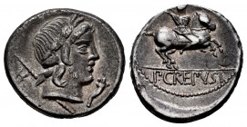 Crepusia. Denario. 82 a.C. Roma. (Ffc-658). (Craw-361). (Cal-523). Anv.: Cabeza laureada de Apolo a derecha, delante cuerno de la abundancia, detrás c...