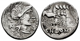 Domitia. Denario. 116-115 a.C. Norte de Italia. (Ffc-681). (Craw-285/1). (Cal-544). Rev.: Júpiter en cuadriga a derecha con rama de laurel, debajo CN ...