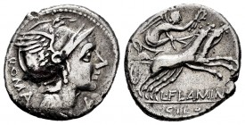 Flaminia. Denario. 109-108 a.C. Norte de Italia. (Ffc-708). (Craw-302/1). (Cal-579). Rev.: Victoria con corona en biga a derecha, debajo L FLAMINI y e...