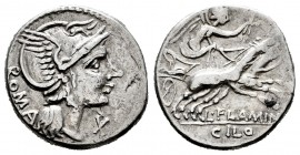 Flaminia. Denario. 109-108 a.C. Roma. (Craw-302/1). (Ffc-708). Anv.:  Cabeza de Roma, con casco, a derecha; detrás ROMA; bajo la barbilla X. Rev.: Vic...