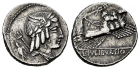 Julia. Denario. 85 a.C. Taller Auxiliar de Roma. (Ffc-767). (Craw-352/1a). (Cal-634). Anv.: Cabeza alada y laureada de Apolo Vejovis, detrás tridente ...