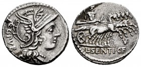 Sentia. Denario. 101 a.C. Roma. (Craw-325/1b). (Ffc-1108). Anv.:  Cabeza de Roma con casco a derecha; detrás ARG PVB. Rev.: Júpiter en cuadriga a dere...