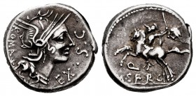 Sergia. Denario. 116-115 d.C. Roma. (Ffc-1111). (Craw-286/1). (Cal-1271). Anv.: Cabeza de Roma a derecha, detrás ROMA y estrella, delante EX SC. Rev.:...