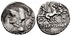 Servilia. Denario. 100 a.C. Norte de Italia. (Ffc-1118). (Craw-328/1). (Cal-1277). Anv.: Cabeza de Minerva a izquierda, detrás RVLLI. Rev.: Victoria c...
