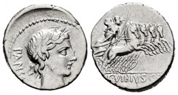 Vibia. Denario. 90 a.C. Roma. (Ffc-1187). (Craw-342/5b). Anv.: Cabeza laureada de Apolo a derecha, detrás PANSA. Rev.: Minerva en cuadriga a derecha, ...