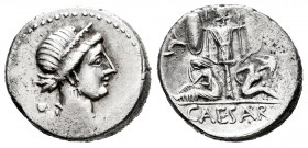 Julio César. Denario. 46-45 a.C. Galia. (Ffc-11). (Craw-468.1). (Cal-645). Anv.: Cabeza laureada de Venus a derecha, detrás cupido. Rev.: Trofeo de ar...