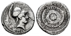 Augusto. Denario. 18-17 a.C. Roma. (Ric-274). (Ffc-28). Anv.: Cabeza con casco de Marte a derecha, debajo IMP. Rev.: Escudo redondo, en el que se lee ...