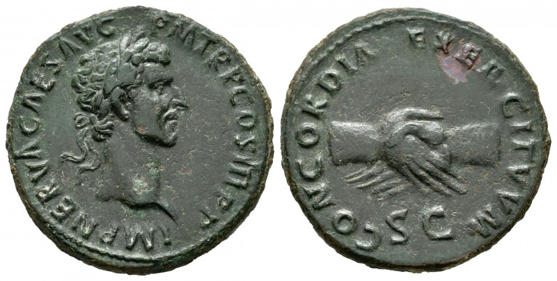 Nerva. As. 97 d.C. Roma. (Spink-3061). (Ric-95). Rev.: CONCORDIA EXERCITVVM SC. ...