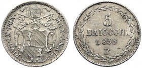 ASTA PER CORRISPONDENZA
BOLOGNA
Pio IX (Francesco Saverio Castiglioni), 1846-1870. 5 Baiocchi 1858 a. XIII. Ar Scudo papale. Rv. Valore entro corona...