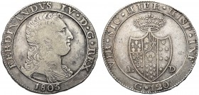 ASTA PER CORRISPONDENZA
NAPOLI
Ferdinando IV di Borbone, 1759-1798. Piastra da 120 Grana 1805, capelli mossi, stemma piccolo. Ar FERDINANDVS IV D G ...
