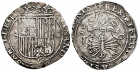Fernando e Isabel (1474-1504). 4 reales. Sevilla. (Cal-564). Ag. 13,58 g. Escudo entre S y IIII y en reverso ensayador d cuadrada. MBC. Est...200,00.