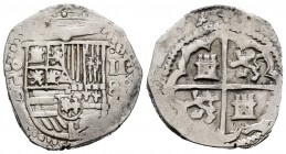 Felipe II (1556-1598). 2 reales. 1589. Toledo. M. (Cal 2019-433). Ag. 6,73 g. Fecha de dos digitos a la derecha del escudo. Ligeramente limpiada. Rara...